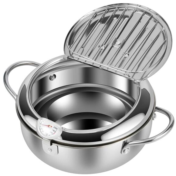 Deep Fryer Pot,  9 inch Stainless Steel W/ Thermometer & Lid, Deep Frying Pan - Picture 1 of 6
